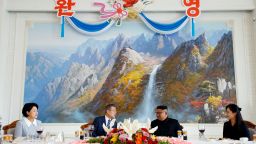 South Korean President Moon Jae-in and North Korean leader Kim Jong Un attend a luncheon in Pyongyang, North Korea, September 19, 2018. 