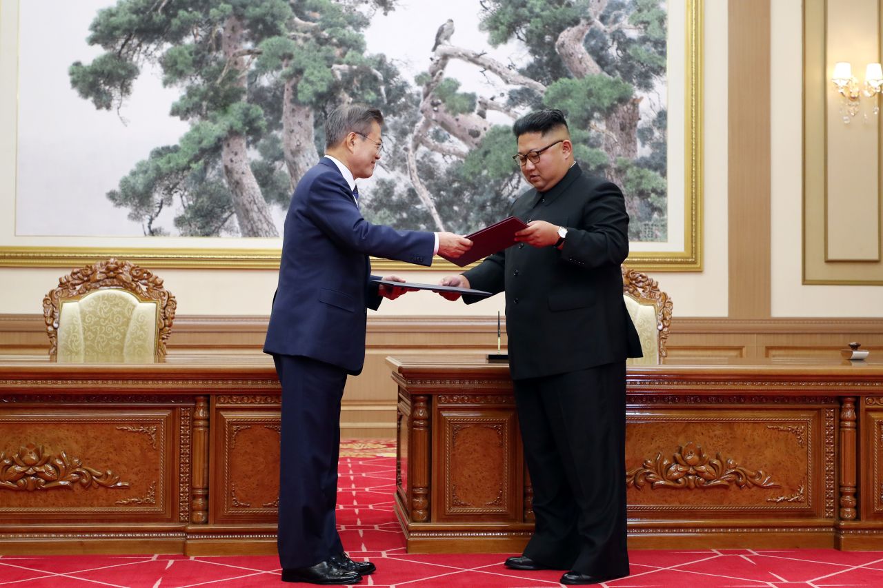 "The era of no war has started," said Moon, the first South Korean president to visit Pyongyang since 2007. "Today the North and South decided to remove all threats that can cause war from the entire Korean peninsula."