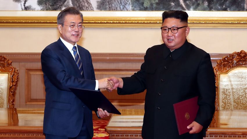 South Korean President Moon Jae-in exchanges documents with North Korean leader Kim Jong Un during a signing ceremony at Paekhwawon State Guesthouse on Sept. 19, 2018 in Pyongyang, North Korea. Kim and Moon meet for the Inter-Korean summit talks after the 1945 division of the peninsula, and will discuss ways to denuclearize the Korean Peninsula.