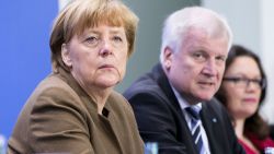(L-R) German Chancellor Angela Merkel (CDU), Minister President of Bavaria and Chairman of CSU party Horst Seehofer and Minister of Work and Social Issues Andrea Nahles (SPD) are pictured during a news conference at the Chancellery in Berlin, Germany on April 14, 2016. (Photo by Emmanuele Contini/NurPhoto via Getty Images)