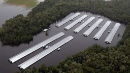Chicken farm buildings are inundated with floodwater from Hurricane Florence near Trenton, North Carolina, Sept. 16, 2018. 