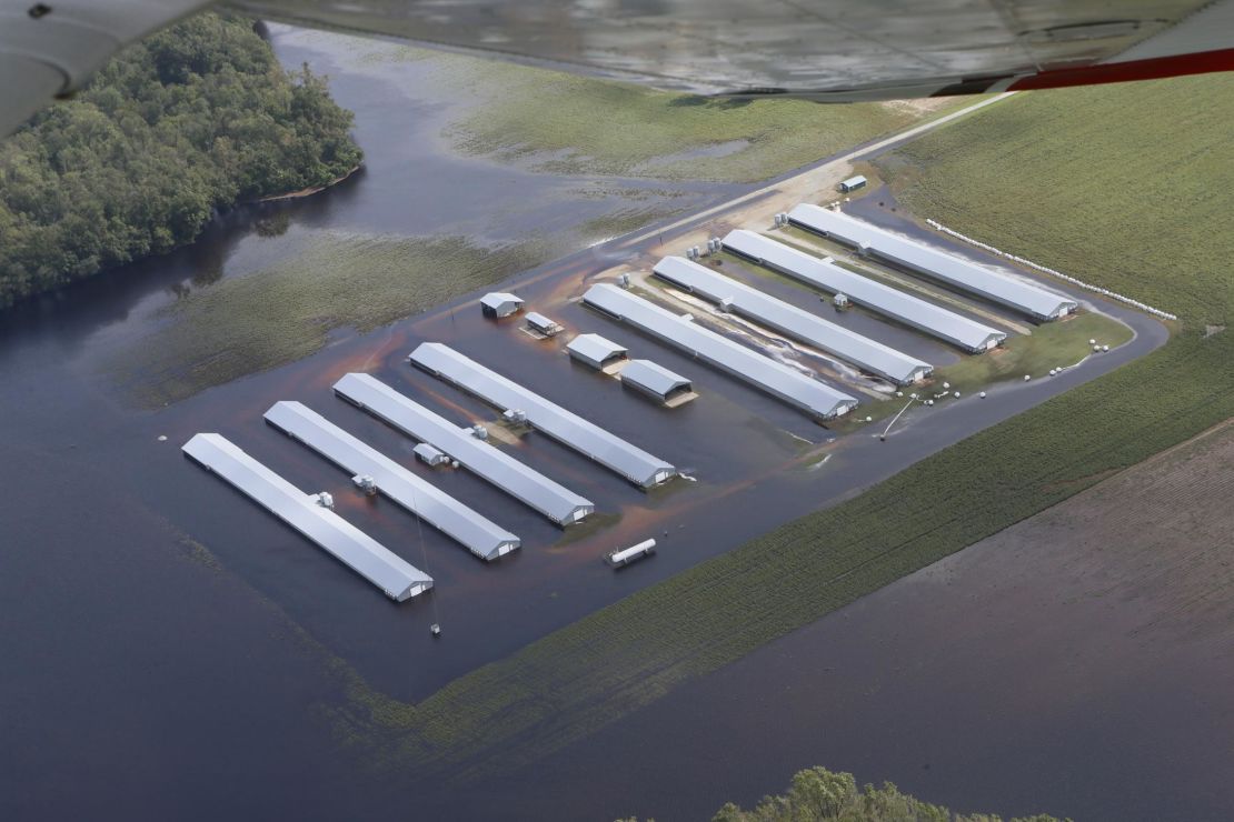 The Waterkeeper Alliance flew over flooded farms in North Carolina on Monday.