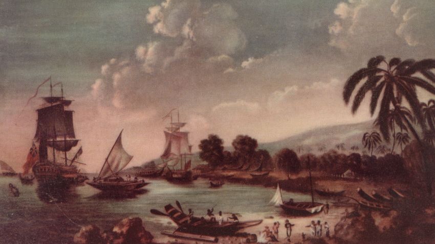 10th February 1775: A print from an oil painting attributed to J Clevely, showing Captain James Cook (1728 - 1779) arriving at Queen Charlotte's Sound in New Zealand, taken from the collection of The Parker Gallery, London. (Photo by Hulton Archive/Getty Images)