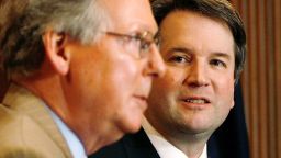 WASHINGTON - MAY 22:  (L-R)  U.S. Senate Majority Whip Mitch McConnell (R-KY), District of Columbia Circut Court of Appeals nominee Brett Kavanaugh and Senate Majority Leader Bill Frist (R-TN) hold a news conference in the Capitol May 22, 2006 in Washington, DC. Frist said that Kavanaugh deserves a straight up-or-down vote in the Senate.  (Photo by Chip Somodevilla/Getty Images)