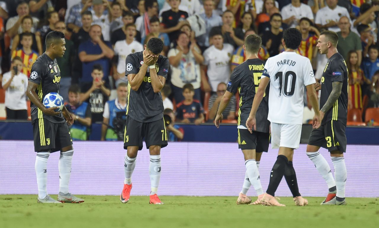 Cristiano Ronaldo is left in tears after getting a red card in his Champions League debut for Juventus in the Mestalla stadium in Valencia.