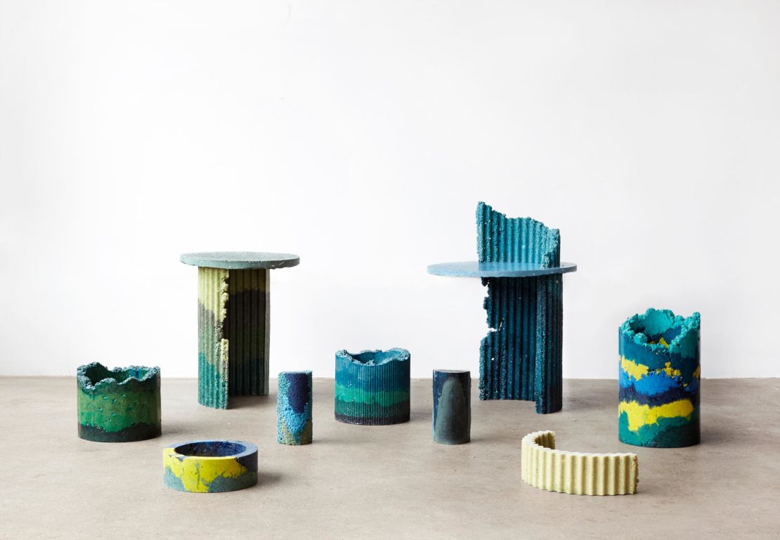 Charlotte Kidger's colorful furniture is made from polyurethane foam dust, and is part of the London Design Fair's "Beyond the Chipper" exhibition.