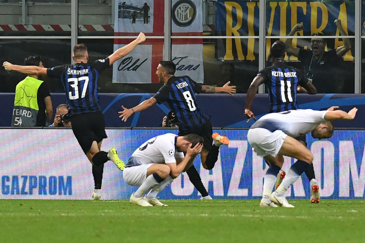 Inter Milan scored two late goals to stun Tottenham Hotspur 2-1 in their return to the Champions League after a seven-year absence.  The visitors seemed to be cruising to three points until punished by goals from Mauro Icardi and Matias Vecino. 