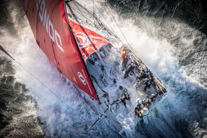 During the Volvo Ocean Race, Eloi Stichelbaut photographed the Dongfeng Race Team near Lisbon, just after their boat had been hit by a massive wave in 30 knots of wind.