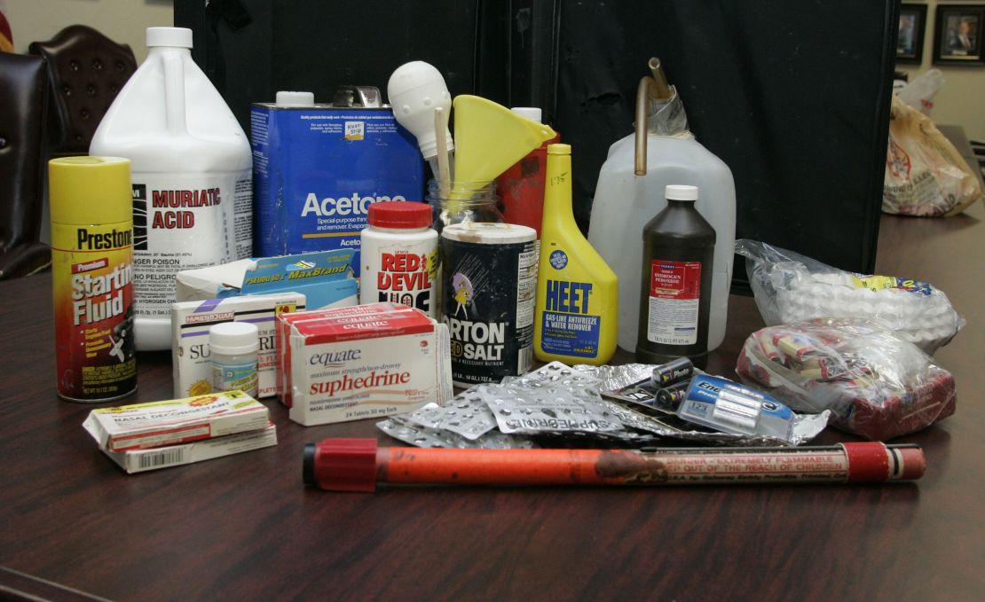 A display of items used in the "shake-and-bake" method of manufacturing methamphetamine is shown in Oklahoma City. The items shown were purchased for display purposes.