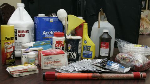 A display of items used in the "shake-and-bake" method of manufacturing methamphetamine is shown in Oklahoma City. The items shown were purchased for display purposes.