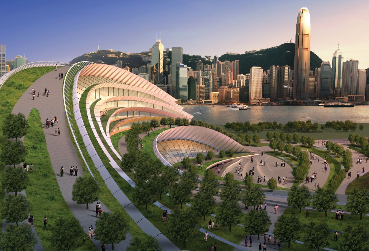 The station has views of Hong Kong's Central skyline and Victoria Peak. 