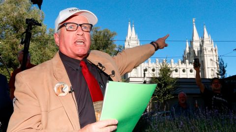 Sam Young speaks Sunday, September 16, in Salt Lake City after reading aloud the church's verdict letter on his excommunication.