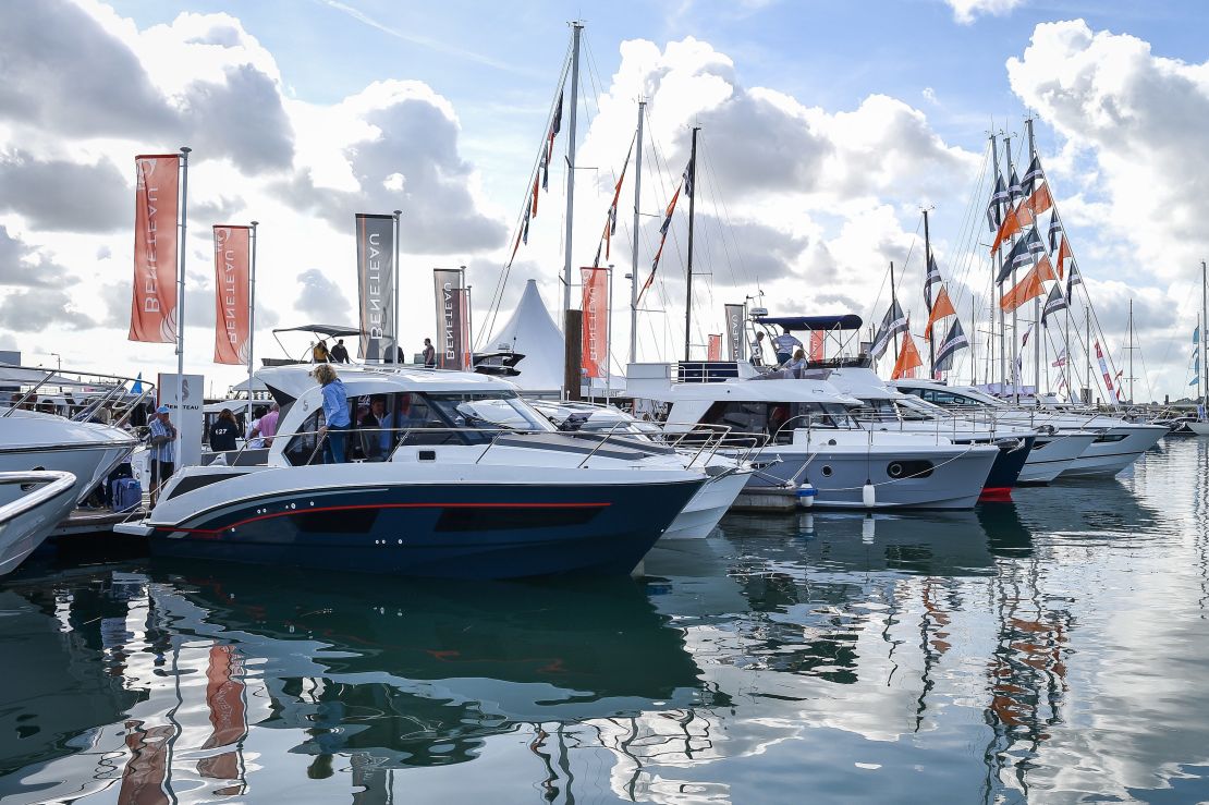 Boats and luxury yachts are moored in the marina at the Southampton Boat Show,  one of the biggest gatherings of its kind in Europe. 