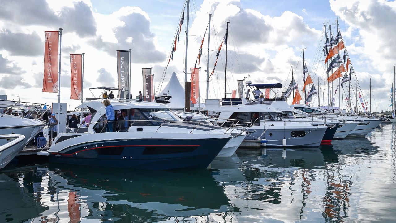 Boats and luxury yachts are moored in the marina at the Southampton Boat Show, one of the biggest gatherings of its kind in Europe.