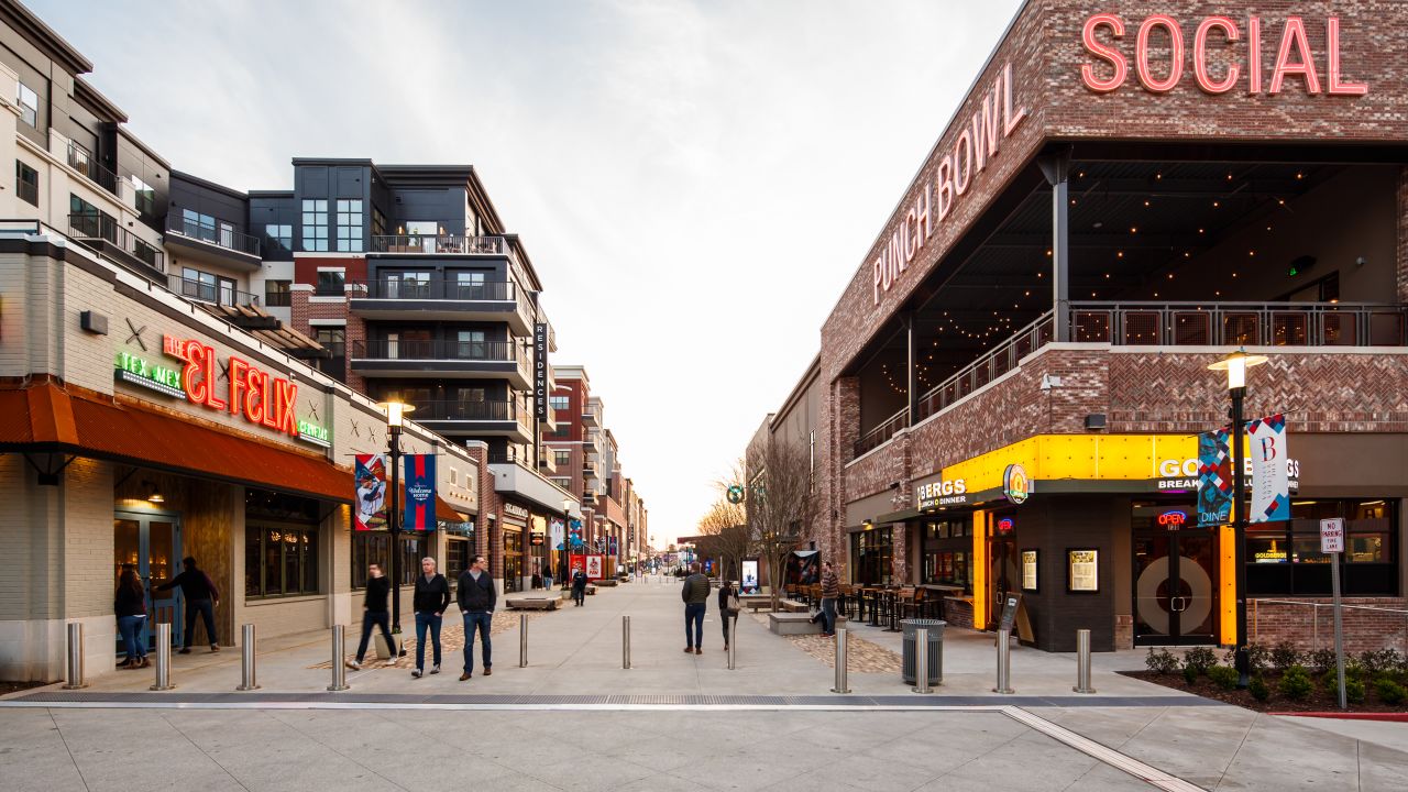 The Battery Atlanta has a pedestrian thoroughfare lined with restaurants and retail.