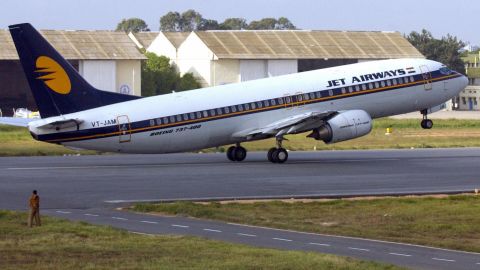 File photo shows a Jet Airways flight taking off at an airport in Bangalore, India.