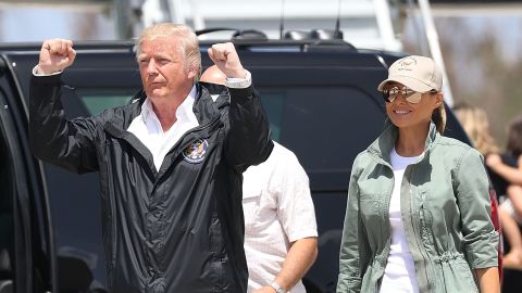 President Donald Trump pumps his fists after arriving in Puerto Rico last October.