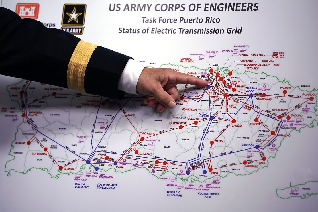 Lt. Gen. Todd Semonite references a map of Puerto Rico's electric transmission grid -- the rebuilding of which his organization had to take on.