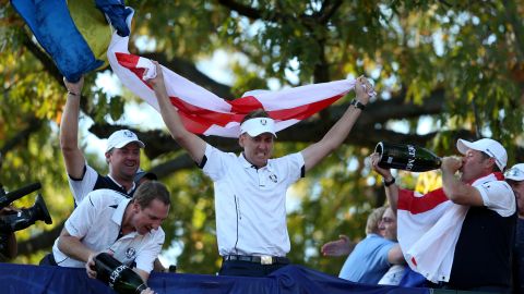 Poulter celebrates with European teammates after the "Miracle at Medinah." 