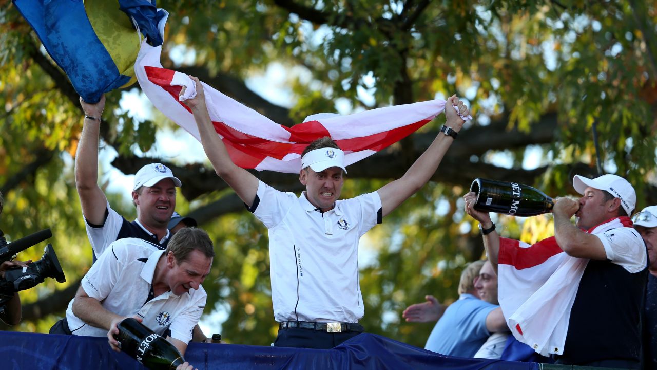 Poulter celebrates with European teammates after the "Miracle at Medinah."