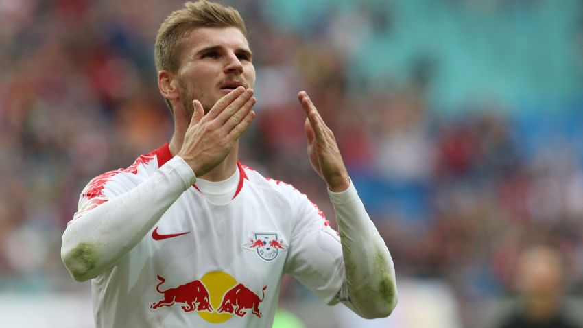 LEIPZIG, GERMANY - SEPTEMBER 15: Timo Werner of Leipzig jubilates after scoring the third goal during the Bundesliga match between RB L