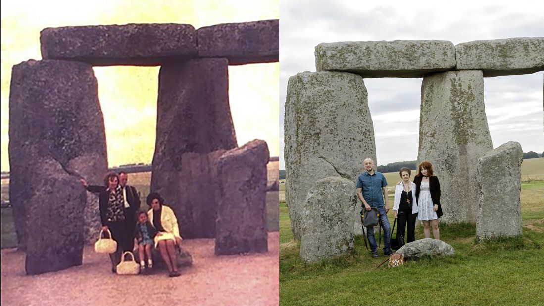 <strong>Reliving the past:</strong> Sue Lane recreated an image of her family at Stonehenge in 1966. She was four years old and with her mother and grandparents; she recreated the image with her husband and daughter. "It was emotional to now be able to share my early experience with my daughter and husband," she says. "The old and new photos will now be displayed next to each other at home."
