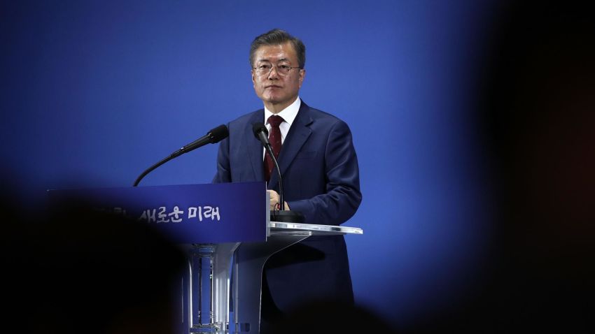 SEOUL, SOUTH KOREA - SEPTEMBER 20:  South Korean President Moon Jae-in attends a press conference on September 20, 2018 in Seoul, South Korea. President Moon Jae-in wrapped up his three-day visit to Pyongyang to become the first South Korean leader ever to give a speech to the North Korean public when he spoke at the Mass Games in Pyongyang, signed a landmark agreement with Kim Jong-un and went on a trip to the top of Mount Baektu, a sacred mountain that borders China, with the North Korean leader.  (Photo by Chung Sung-Jun/Getty Images)