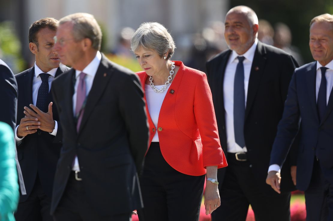 UK Prime Minister Theresa May, France's Emmanuel Macron, left, and other leaders at the summit.