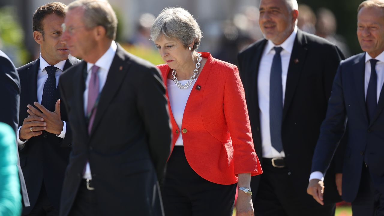 UK Prime Minister Theresa May, France's Emmanuel Macron, left, and other leaders at the summit.
