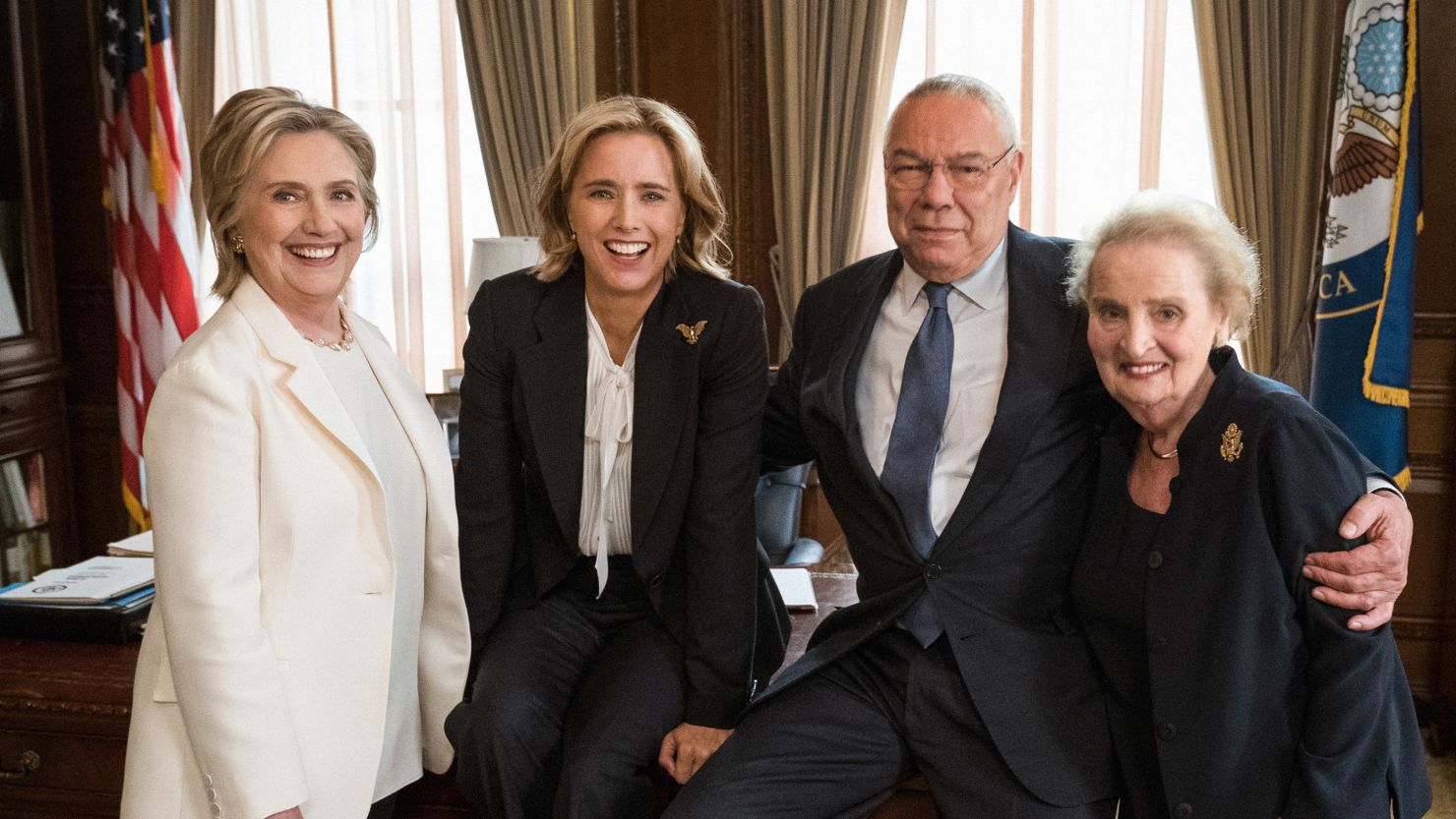 Former Secretaries of State Hillary Clinton, Colin Powell and Madeleine Albright joined Téa Leoni on the set of "Madam Secretary."