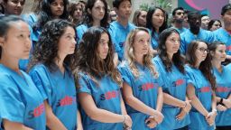 Medical students at the Icahn School of Medicine at Mount Sinai held a demonstration last week against gun violence, wearing custom scrubs that featured a bullet hole in the word "safe."