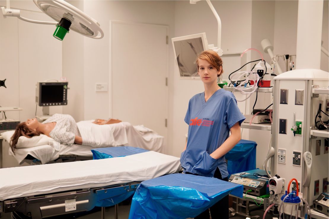 Medical student Mattie Renn, photographed inside a simulation center that prepares students for real-world medical practice.