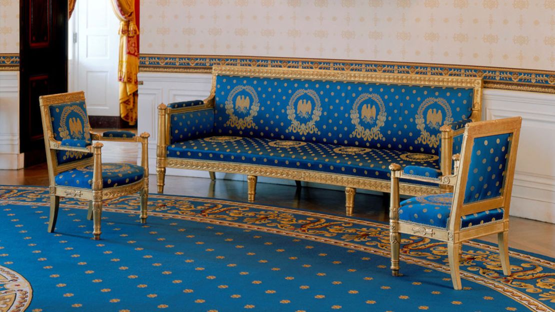 This sofa and armchair set of gilded beechwood by Pierre-Antoine Bellange of Paris were purchased during the James Monroe administration for the Blue Room.
