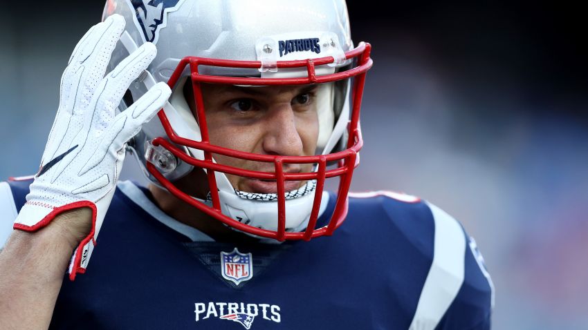 Rob Gronkowski of the New England Patriots looks on before the preseason game between the New England Patriots and the Washington Redskins at Gillette Stadium on August 9, 2018 in Foxborough, Massachusetts.