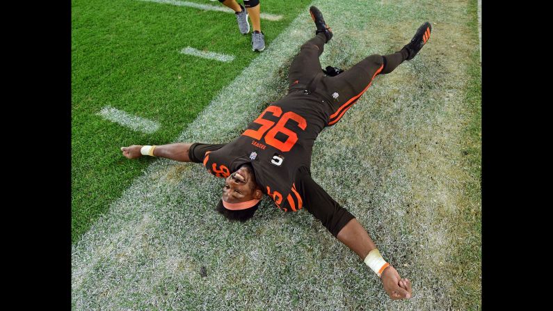 Cleveland Browns defensive end Myles Garrett celebrates after the second half of a game against the New York Jets in Cleveland on Thursday, September 20. The game was the first win for the Browns in nearly two years.