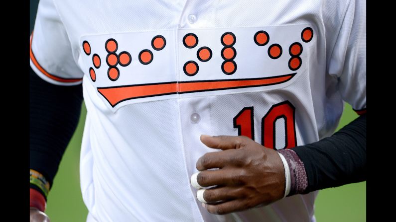 The Baltimore Orioles wear Braille jerseys during the game against the Toronto Blue Jays at Oriole Park at Camden Yards on Tuesday, September 18, in Baltimore.