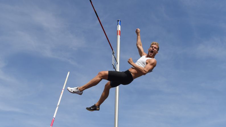 France's Kevin Mayer competes in the men's pole vault event during the IAAF Combined Events Challenge in Talence, France, on Sunday, September 16.