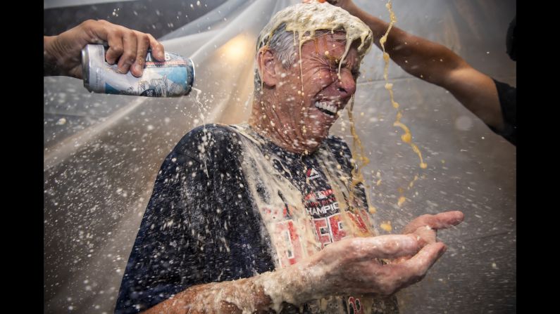 Dave Dombrowski, president of baseball operations for the Boston Red Sox, celebrates a victory against the New York Yankees on Thursday, September 20, in New York.