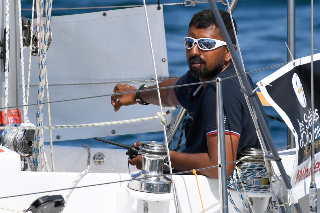 Abhilash Tomy on his boat "Thuriya" at the start of the race.