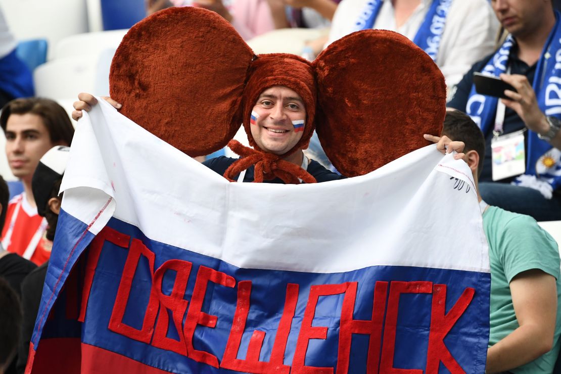 A Russia fan disguised as Cheburashka at the the Russia 2018 World Cup.