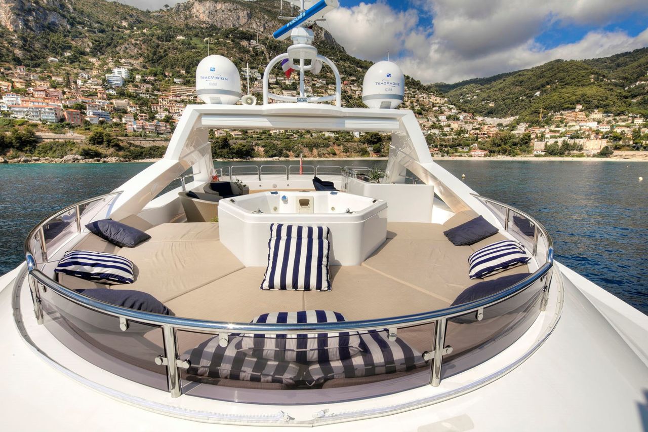Sunseeker's The Devocean is also on sale at the Monaco Yacht Show for $8.1M. It features a sky deck jacuzzi and a large central wetbar.