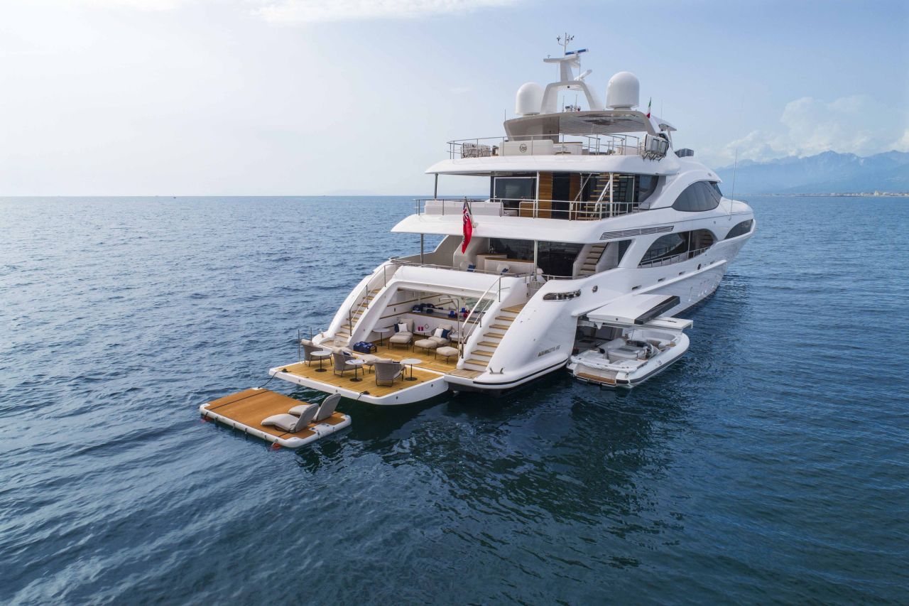 Designed for long range cruising, the Mangusta 46 features a large fold-down swim platform which is <a href="https://y.co/yacht/mangusta-oceano-46-project" target="_blank" target="_blank">"ideal for relaxing or launching water toys."</a>
