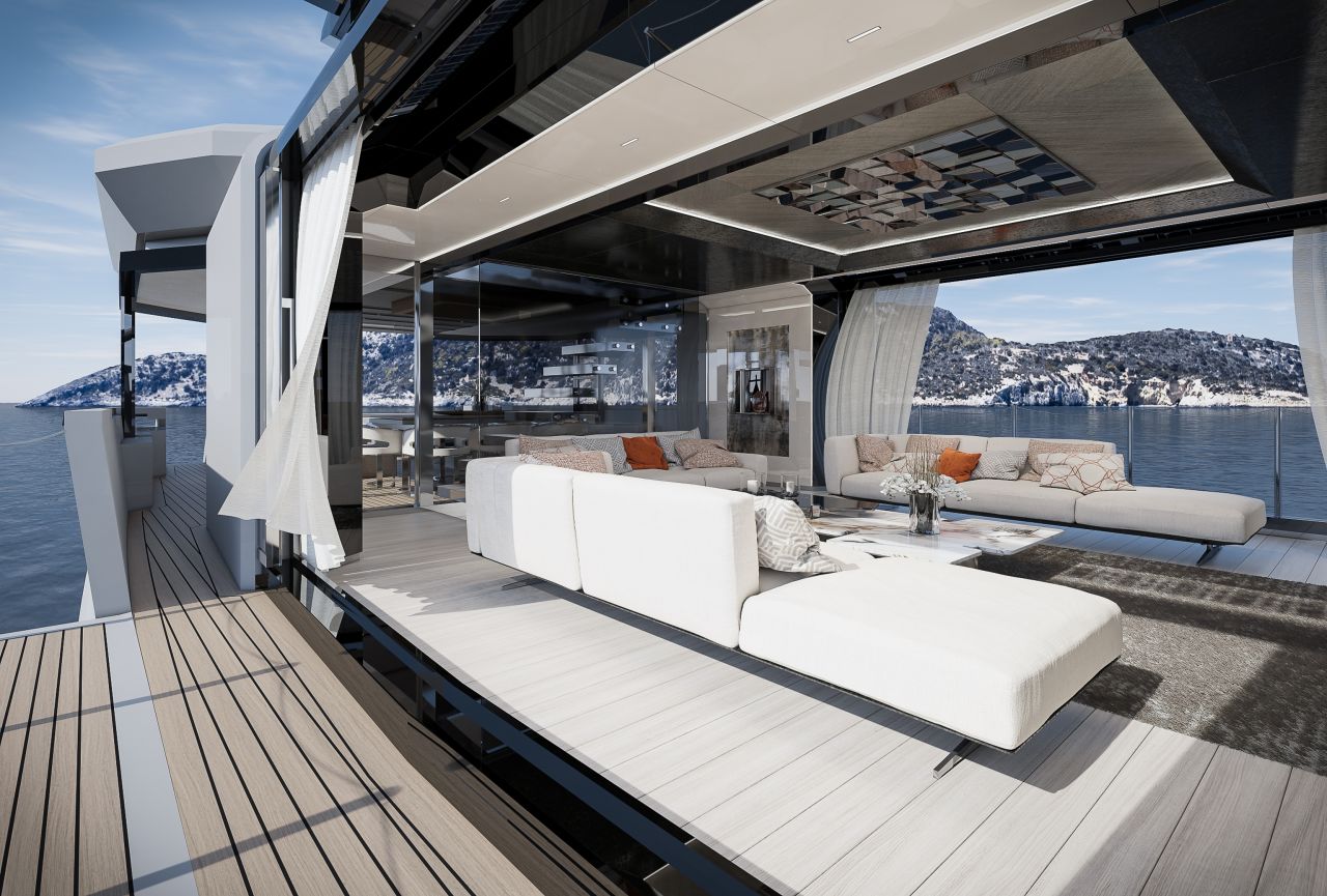 It features a convertible skylounge and minimalistic interior decor with sliding glass doors and fold-out balconies. 