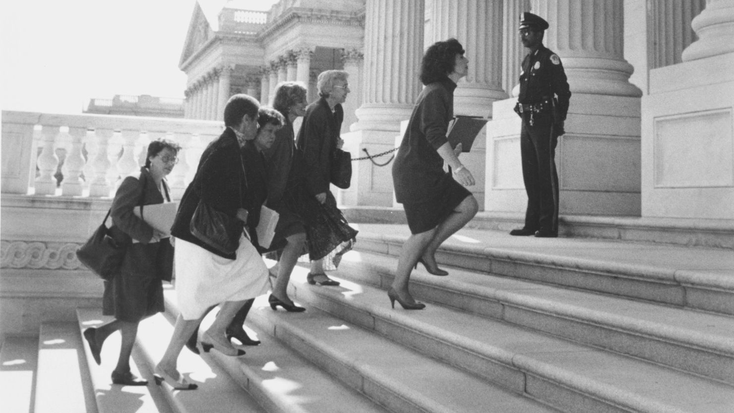 Barbara Boxer leads Congresswomen to the Senate side of the Capitol in October 1991 to seek a delay in the vote confirming Clarence Thomas to the Supreme Court until the charges of sexual harassment brought against Thomas by Anita Hill were investigated.  