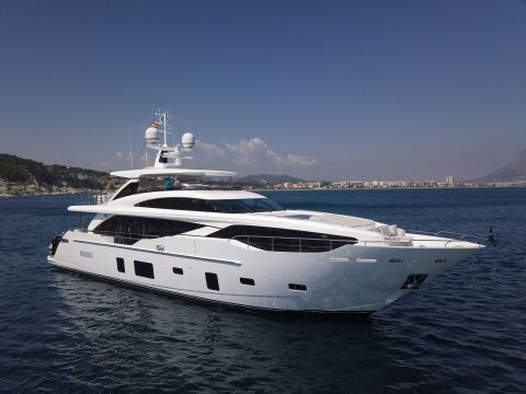 The boat by Princess Yachts can host up to eight guests and boasts an open sundeck aft.