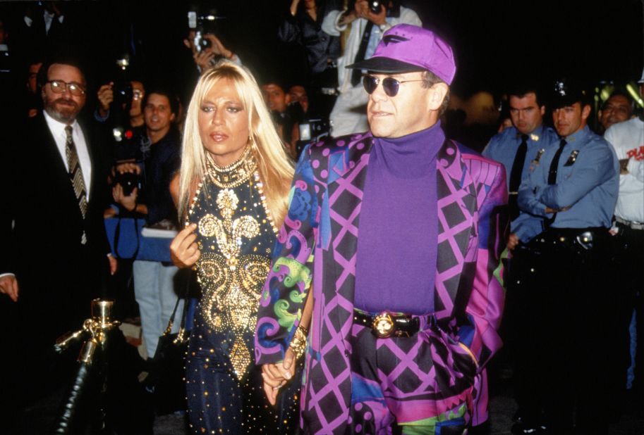 Elton John (wearing Versace) and Donatella Versace in New York in 1991. 