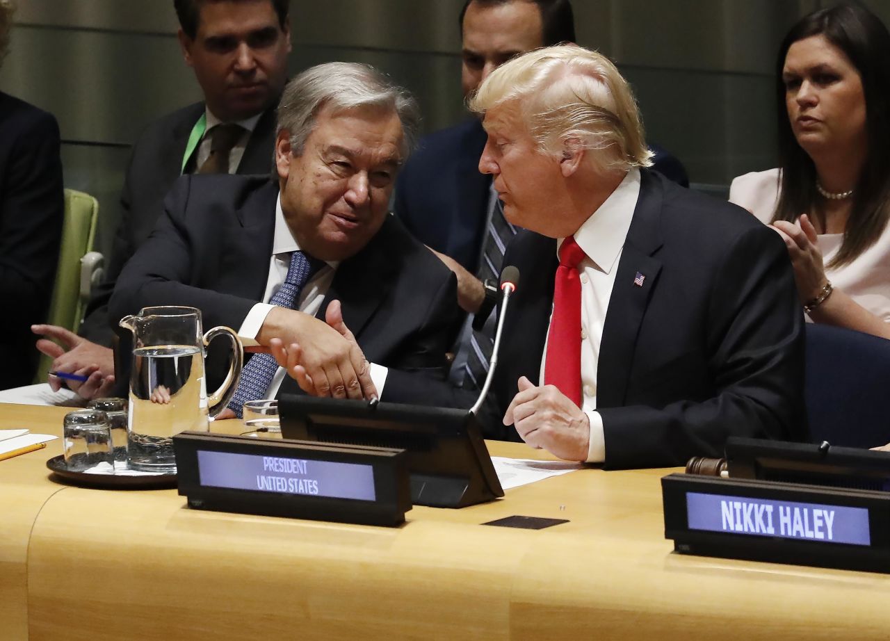 Trump shakes hands with UN Secretary-General Antonio Guterres on Monday. Trump was hosting a session about the global drug crisis. "The scourge of drug addiction continues to claim too many lives in the US and the nations around the world," Trump said. "Today we commit to fighting the drug epidemic together."
