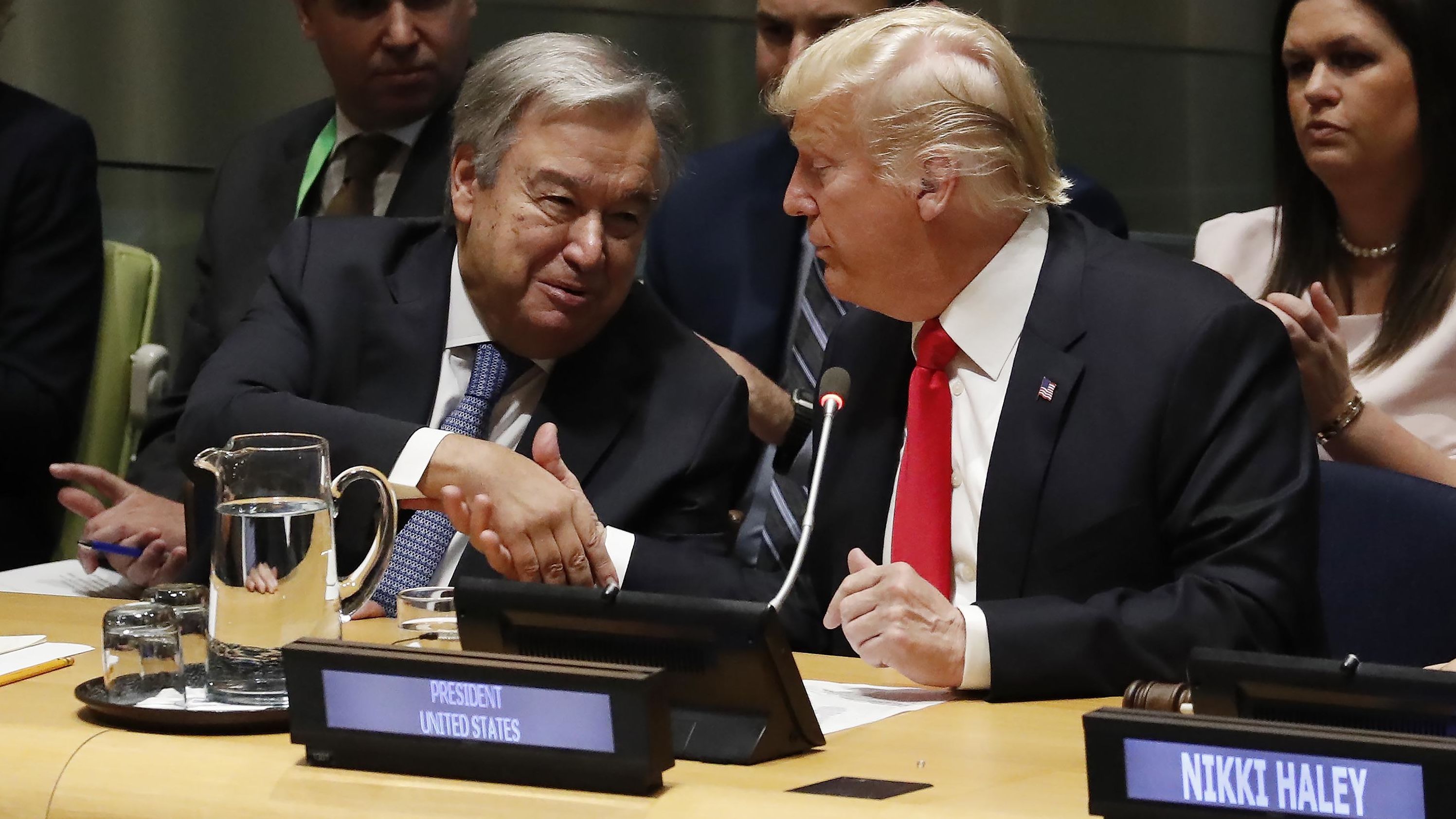 Trump shakes hands with UN Secretary-General Antonio Guterres on Monday. Trump was hosting a session about the global drug crisis. "The scourge of drug addiction continues to claim too many lives in the US and the nations around the world," Trump said. "Today we commit to fighting the drug epidemic together."