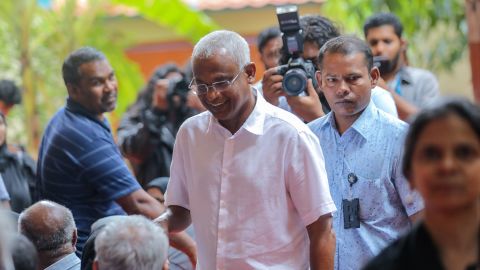 Opposition Maldives candidate for president Ibrahim Mohamed Solih arrives at a polling station to vote in the capital Male on September 23, 2018. 