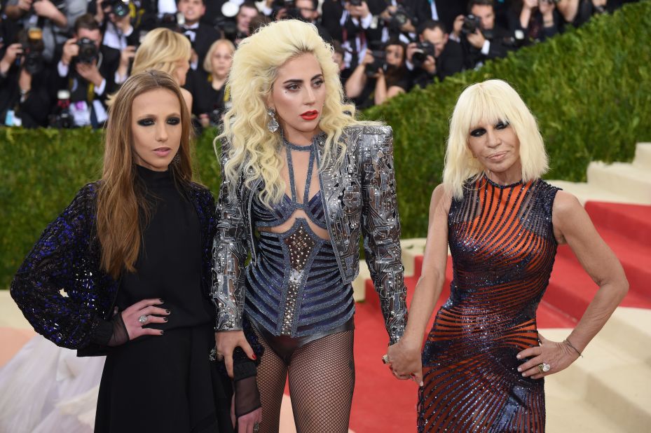 Allegra Versace Beck, Lady Gaga, and Donatella Versace at the 2016 Met Gala. 